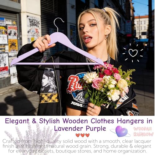 Premium Wooden Hangers 10 Pack, Solid Wood Hanger with Non Slip Pant Bar, Heavy Duty Wooden Coat Hanger, Smooth Finish Wood Clothes Hangers for Shirts, Suits, Jackets, Dress (Lavender Purple)