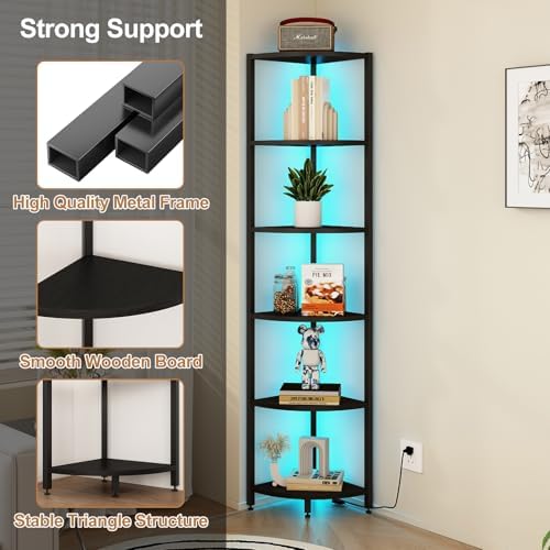 6-Tier Corner Shelf with LED Lights - 65" Tall Narrow Bookshelf, Standing Shelf with Storage Rack, Sturdy Metal Frame & 