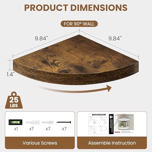 Fun Memories Floating Corner Shelves Set of 2 - Rustic Wood Wall Mounted Storage and Display Shelves for Living Room, Be