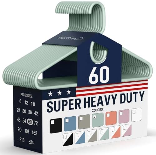 Super Heavy Duty Clothes Hangers 60 Pack – Made in the USA - 10lb Capacity, Thick Plastic Hangers for Pants, Coats, Jackets, Jeans and Adult Clothing – Mint