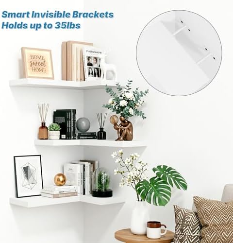 Floating Corner Shelves Wall Mounted with Invisible Brackets Set of 3