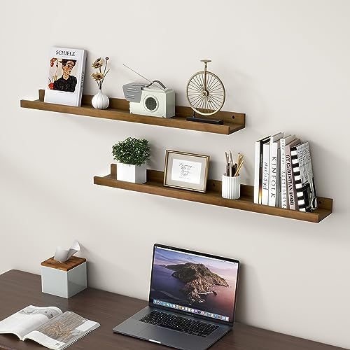 FLYJOE Picture Ledge Wall Shelves 36 inch Width Set of 2, Solid Pine Wood Rustic Floating Ledge Shelves for Wall for Kids' Room Bedroom Kitchen Bathroom Living Room Nursery Display Wall Decor, Walnut