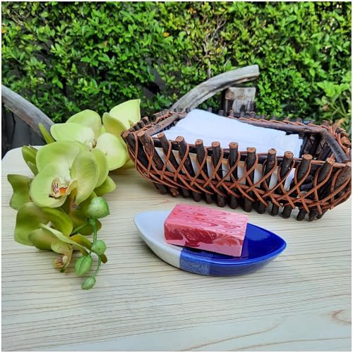 Ceramic Soap Dish with Self Draining Tray for Bathroom, Kitchen (Blue No.3), 6.25 x 3.75 x 1 inches (LxWxH) (1111)