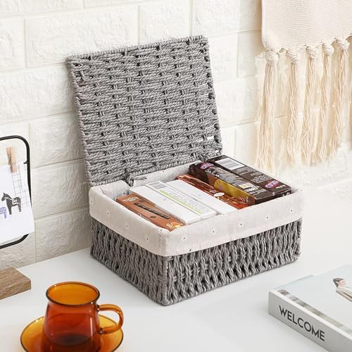 GIB Small Wicker Storage Baskets with Lid/Liner Woven Cute Decorative Boxes