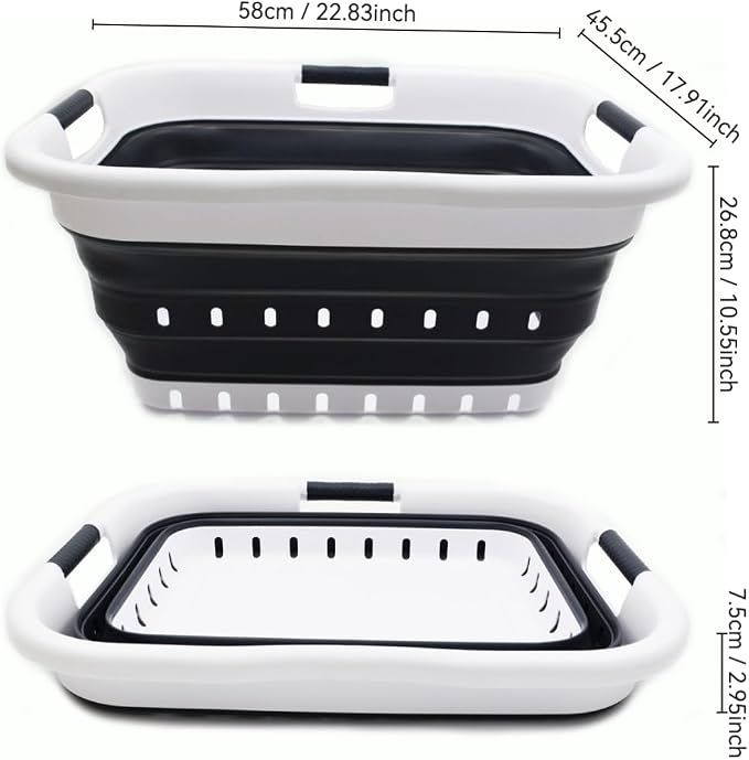SAMMART 41L Collapsible 3 Handled Plastic Laundry Basket - Foldable Pop Up Storage Container/Organizer - Portable Basket - Space Saving Hamper/Basket (3 handled rectangular, White/Black)