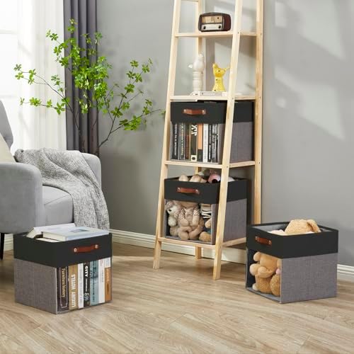 Bagnizer Storage Cubes, 4 Pack Linen Foldable Storage Bins (13 x 13 inch) with Clear Window and Handles, Fabric Organizer for Shelf Closet, Clothes, Books - (Gray and Black)