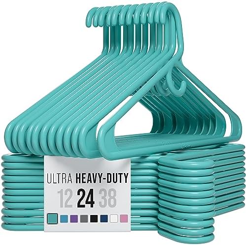 NEATERIZE Thick Heavy Duty Hangers - Aqua Plastic Clothes Hangers 24 Pack - Great for Coat Hanger, Jackets Jeans & Suit Hanger for Closet - New Apartment Essentials Percheros Ganchos para Colgar Ropa