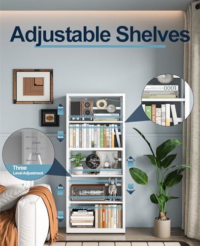 5-Tier Tall Book Shelf, Metal Bookcase with Adjustable Shelves
