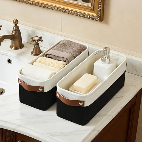 Bagnizer Small Fabric Storage Baskets, 15x6x5 inch Narrow Storage Bins 4-Pack Long Storage Basket for Organizing with Ha
