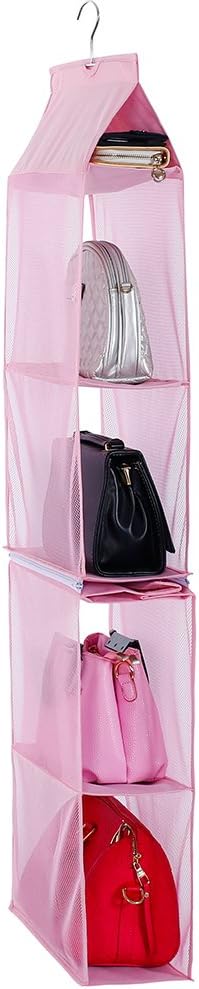 Detachable 4 Compartment Organizer Pouch Hanging Handbag Organizer Clear Purse Bag Collection Storage Holder Wardrobe Closet Space Saving Organizers System for Living Room Home Use (Pink)
