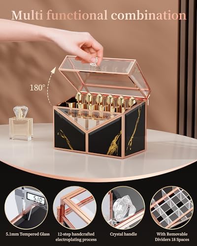 CoralHouse Lipstick Organizer - Black Glass Lipstick Holder & Nail Polish Organizer, 18-Slot Vanity Cosmetic Organizer w