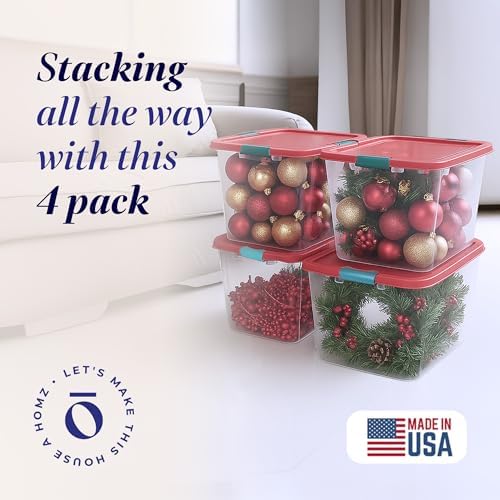 HOMZ Holiday Tote Plastic Storage Bin with Lid, 31 Qt, Clear/Red, 4 Pack