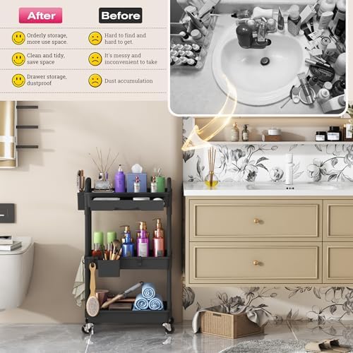Goovilla Rolling Makeup Organizer Cart with Removable Drawer, 3 Tier Black