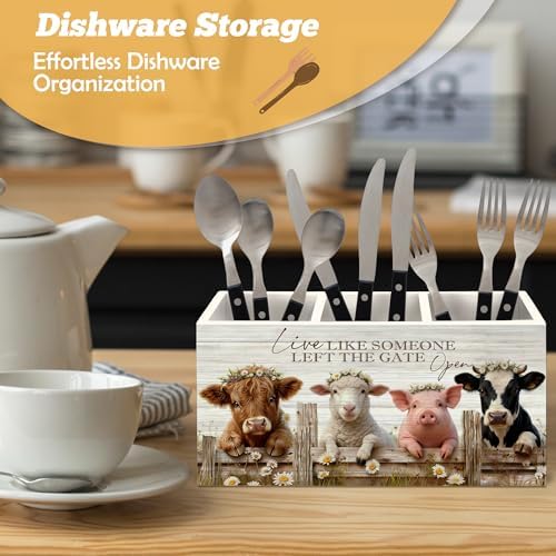 Farmhouse Highland Cow Sheep Pig Pen Holder Organizer for Desk Accessories, Live Like Someone Left the Gate Open Funny Animal Wooden Box Sign Desk Decorations for Home Office Decor