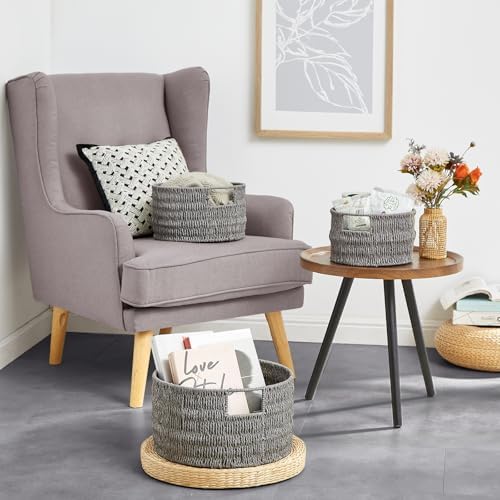 Vagusicc Wicker Storage Basket, Hand-Woven Paper Rope Large Round Woven Basket With Handles, Wicker Baskets for Organizing/Storage, Grey, 3-Pack
