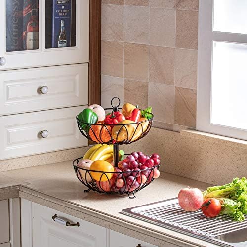 2 Tier Fruit Basket Bowl, Vegetable Organizer, Metal Black