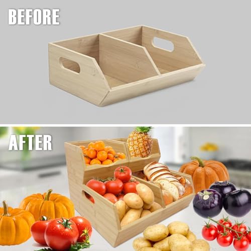 MinBoo Bamboo Stackable Pantry Storage Bins Potato and Onion Storage,Fruit Basket for Pantry Organization,Fruit Bowl for