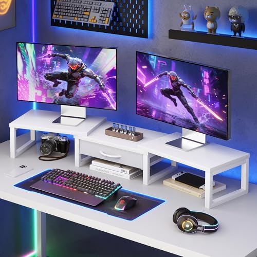 Dual Monitor Stand Riser, Desk Organizers and Accessories with Drawer, Computer Monitor Stands for Desk, Adjustable Desk