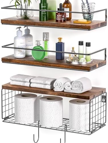 3+3 16.1in Bathroom Shelves Wall Mounted Over Toilet with Toilet Paper Storage Basket & Hooks, Hanging Floating Shelves Bathroom for Wall Room Decor, Bathroom Organizers and Storage Brown