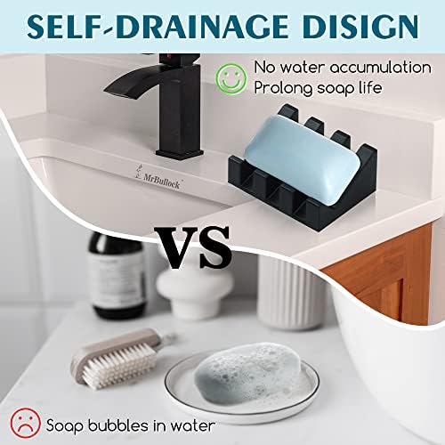 Self Draining Silicone Soap Dish Holder Waterfall Tray, 2 Pack Black White