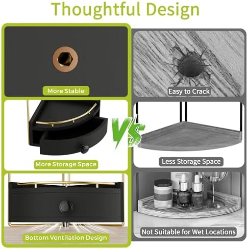 2-Tier Corner Bathroom Counter Organizer with Drawer, Black Gold