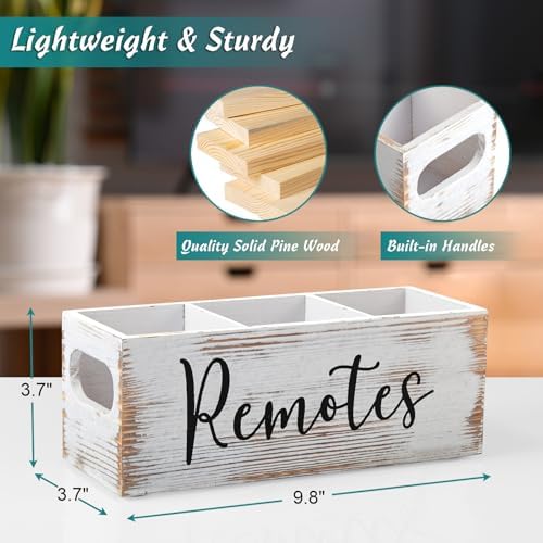 DRASTAR Remote Control Holder, 3 Slots Wood Remote Storage Caddy, Remote Control Organizer Retro White