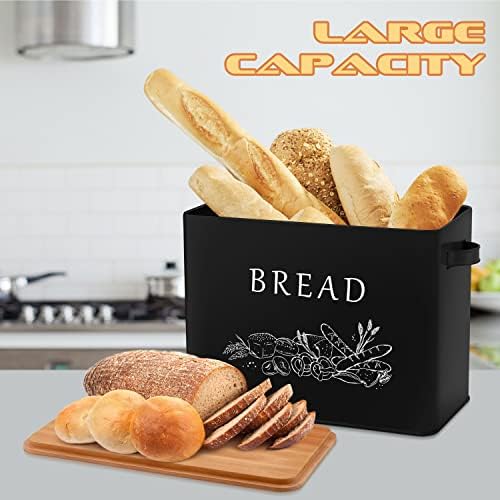 E-far Bread Box, Metal Bread Storage Container Bin with Bamboo Lid, Black