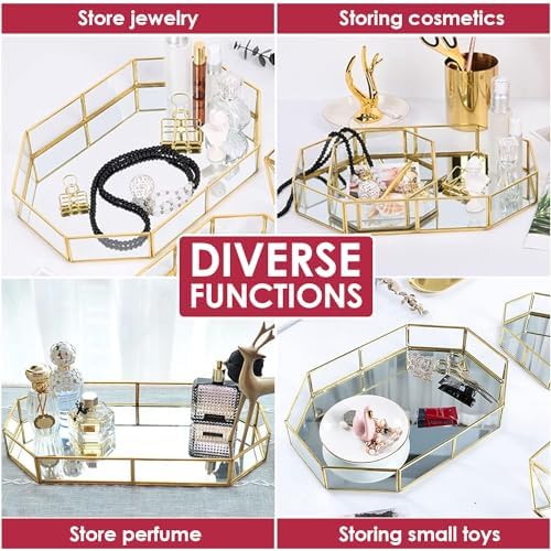 Octagon Vintage Gold Mirror Glass Vanity Tray,Ornate Geometric and Brass Plated Display Storage Organizer for Makeup Bru