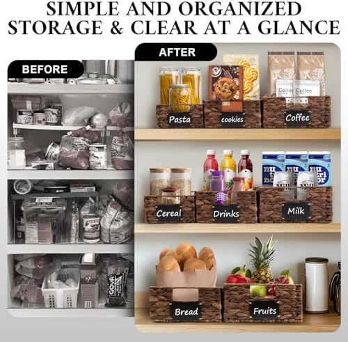 Set of 4 Sizes Hand-Woven Pantry Shelf Baskets, Hyacinth Storage Baskets with Chalkboard Labels & 2 Chalk Markers, Wicke