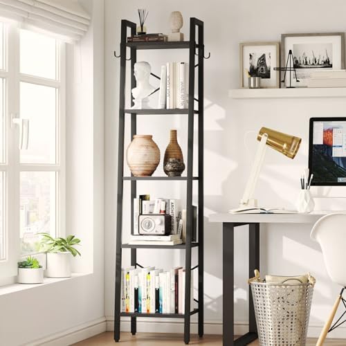 YMYNY 5 Tiers Ladder Bookcase, Industrial Narrow Bookshelf, Open Display Rack with 4 S Hooks, Metal Storage Shelves for 