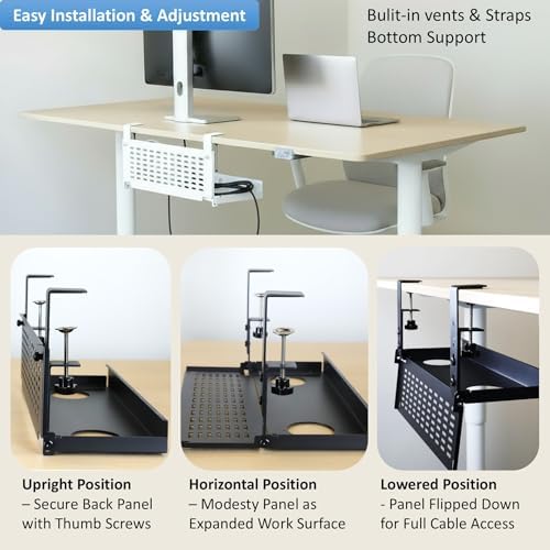 AEONS Universal Under Desk Cable Management Tray-Clamp Mount Hinged Swing Modesty Panel Organizer for Office Desks Easy 