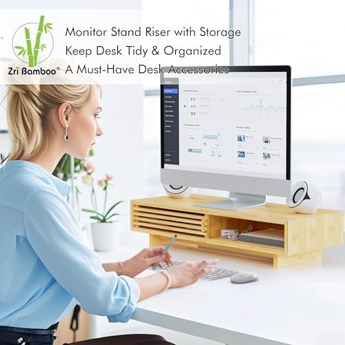 Zri Bamboo Computer Monitor Stand with Drawer, Dual Laptop Stand for Desk,Single Monitor Riser with Storage,Wood Office 