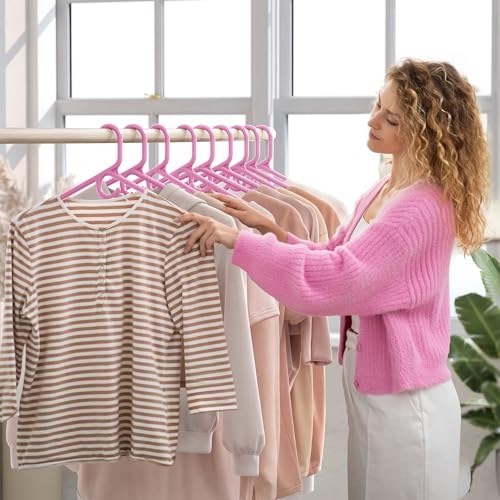 NEATERIZE Thick Heavy Duty Hangers - Pink Plastic Clothes Hangers 12 Pack - Great for Coat Hanger, Jackets Jeans & Suit Hanger for Closet - New Apartment Essentials Percheros Ganchos para Colgar Ropa