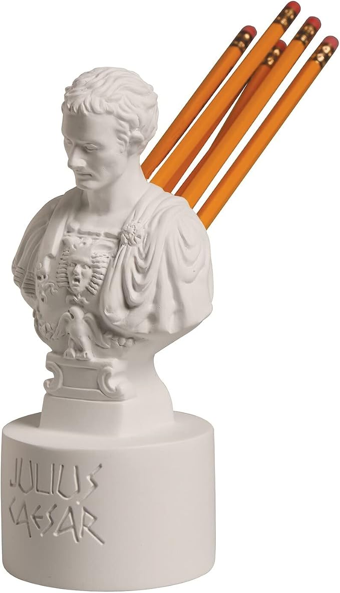 WHAT ON EARTH Julius Caesar Pencil Holder Stab Back Ides of March Pencil Holder for Desk, Roman Bust Statue with Back Stabbed Holes
