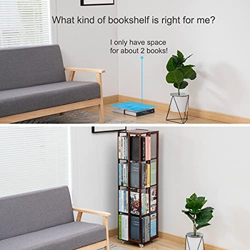 COPREE 5 Tier Rolling Bookcase, Bamboo 360 Rotating Bookshelf, Freestanding Storage Organizer Holder Book Rack with Whee