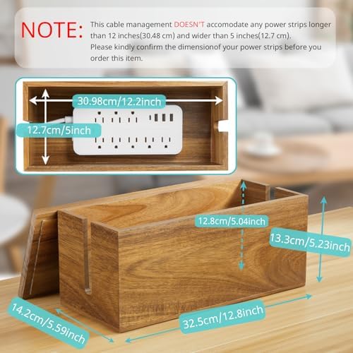 Bivvclaz Cable Management Box Medium, Acacia Wooden Cord Organizer Box for Desk, Floor, Office to Hide Extension Cords P