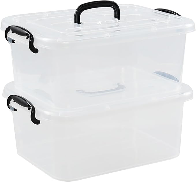 Quickquick 8 L Plastic Latching Box with Handle, Clear Storage Bins, 2-Pack | Stackable Latch Container Tote with Lid