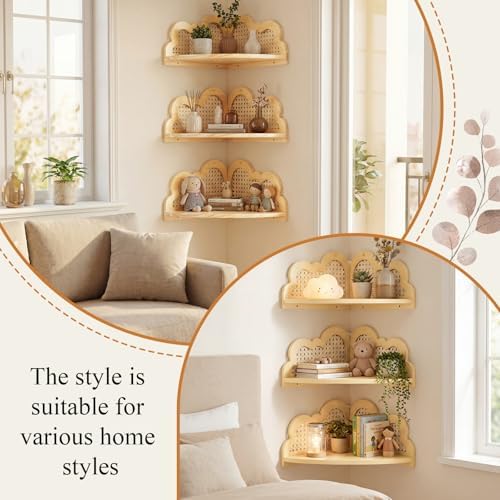 2 Pcs Cloud Floating Corner Shelf Set Boho Rattan Storage with Natural Pine Wood Frame Cute Corner Shelves for Wall Home