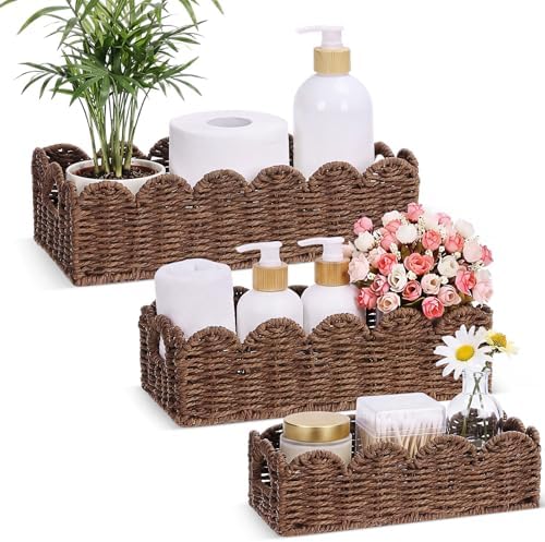 Boao 3 Pcs Boho Storage Wicker Baskets Handmade Woven Decorative Paper Rope Baskets for Organizing with Handle Counterto