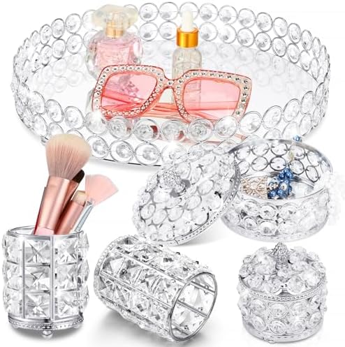 Tioncy 5 Pcs Vanity Perfume Tray, Crystal Makeup Brush Organizer, Silver