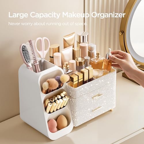 HBlife Makeup Organizer with Brush Holder for Vanity, Large Plastic Bathroom Countertop Organizer Skin Care Storage, Eas