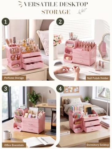 Pink Makeup Organizer with Drawer for Bathroom Countertop Dresser Desk