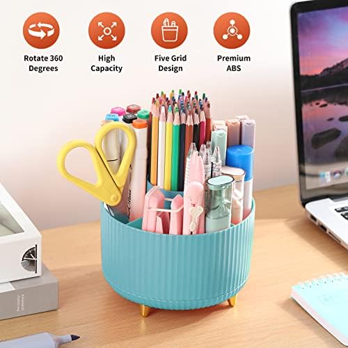 Desk Pencil Pen Holder, 5 Slots 360°Degree Rotating Organizers for, Desktop Storage Stationery Supplies Organizer, Cute Cup Pot Office, School, Home, Art Supply, Blue