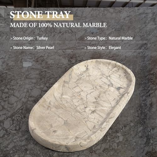 Koville Natural Silver Pearl Marble Decorative Tray, 10" x 5" Marble Vanity Tray for Bathroom Countertop Organizer Stone