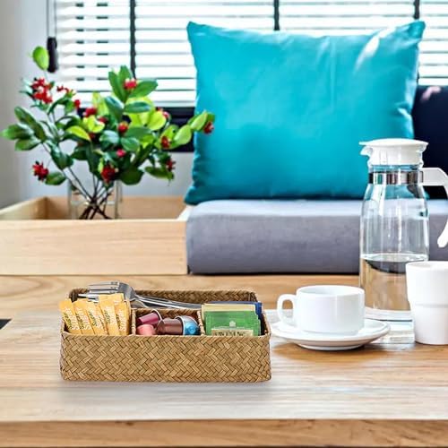 BTSKY Desk Drawer Organizer Tray, Coffee Station Organizer Tea Bag Organizer, Woven Seagrass Storage Basket with 4 Divided Sections Handwoven Wicker Storage Basket for Shelves, Pantry, Coffee Bar