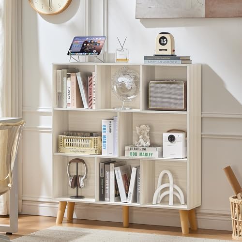 LEYAOYAO 8 Cube Bookshelf,Mid-Century Modern Bookcase with Legs,Light Grey
