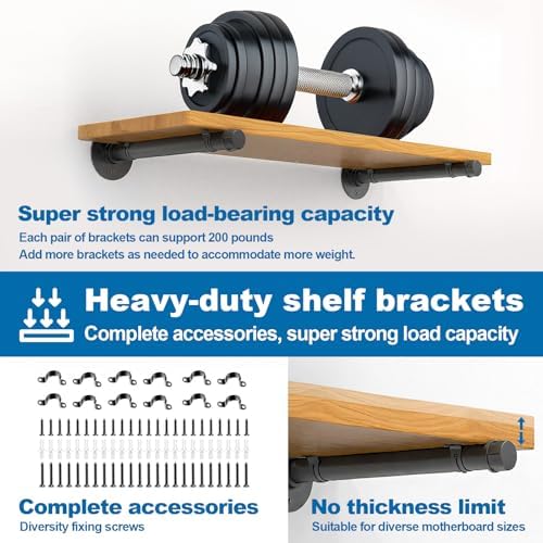 Industrial Pipe Shelf Brackets for 8-inch Board Iron Pipe Floating Shelves Heavy Duty Metal Shelving Brackets 6 Pack Bla