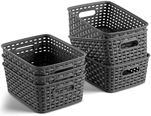 Set of 6 Plastic Storage Baskets - Small Pantry Organizer Basket Bins - Household Organizers with Cutout Handles for Kit