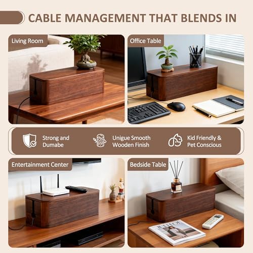 Large Acacia Wood Cable Management Box - Cord Hider&Organizer for TV Wires