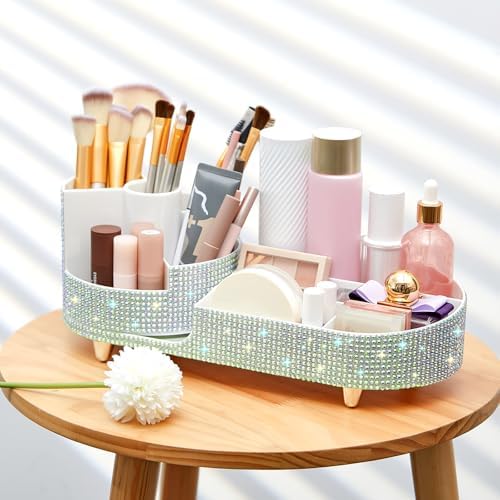 Rotating Makeup Organizer Vanity, Silver, Rhinestone